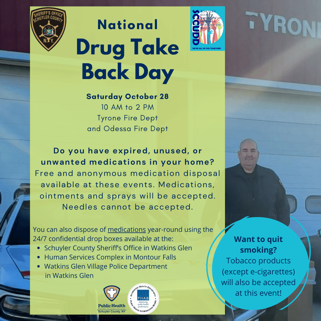 Flyer with information about the October 28 Drug Take Back Day events in Schuyler County