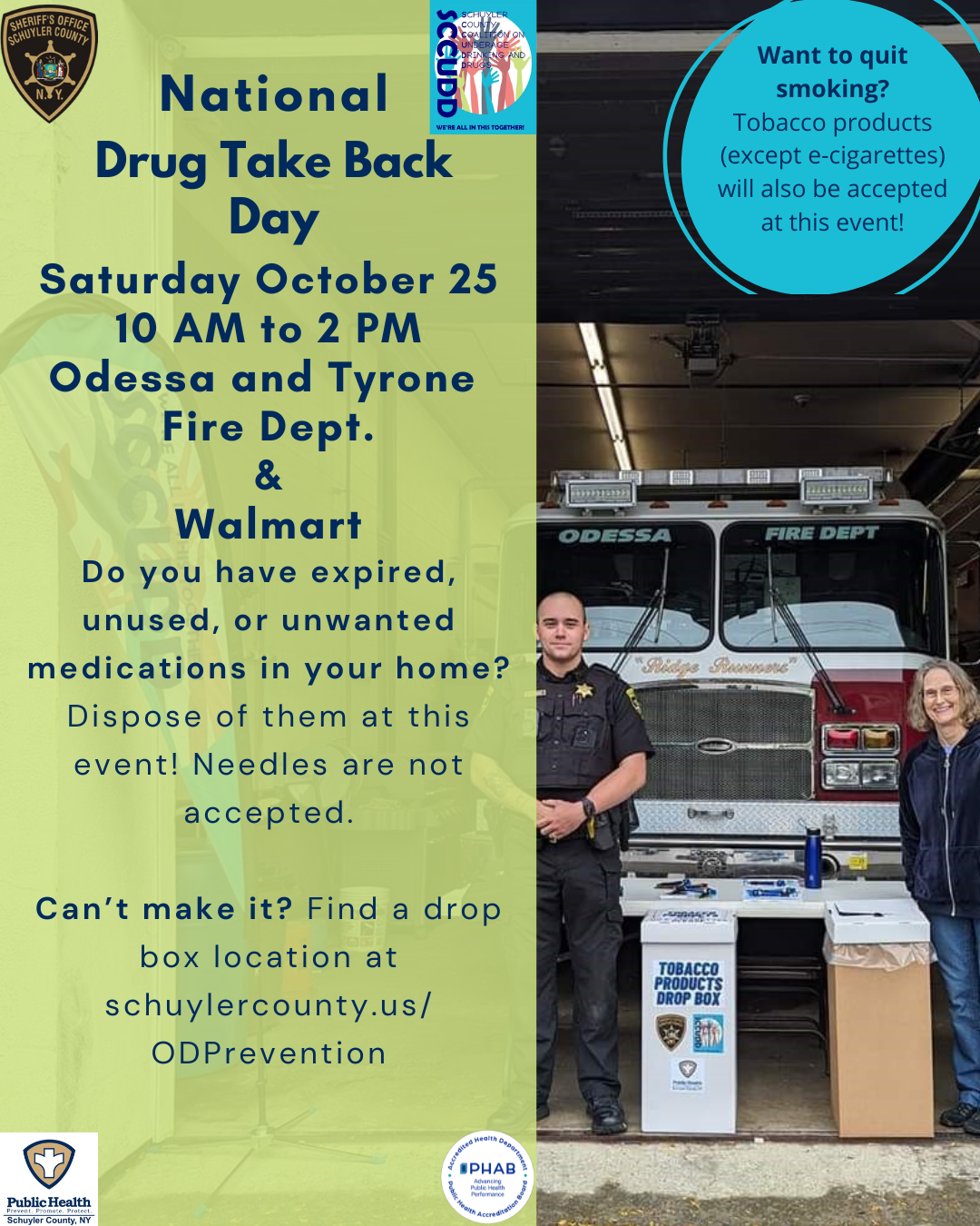 Image of emergency responder and community member with information about drug take back day.