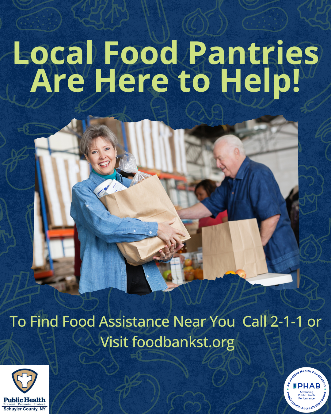 Image of people at a food pantry with information to find local pantries